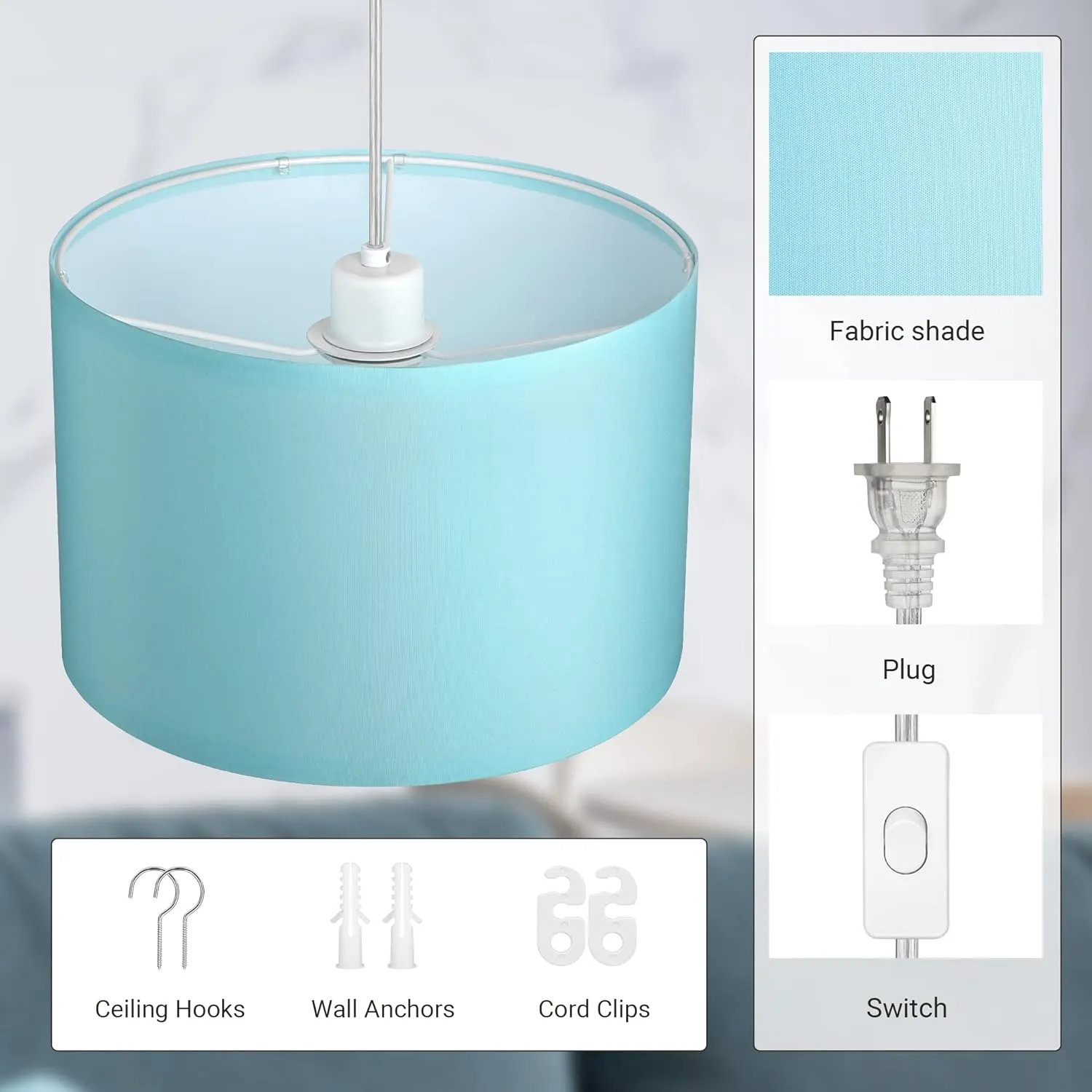DEWENWILS Plug in Pendant Light, Hanging Light with 15Ft Clear Cord, On/Off Switch, with Blue Lampshade, Hanging Light Fixture for Bedroom, Kitchen, Living Room, Dining Table