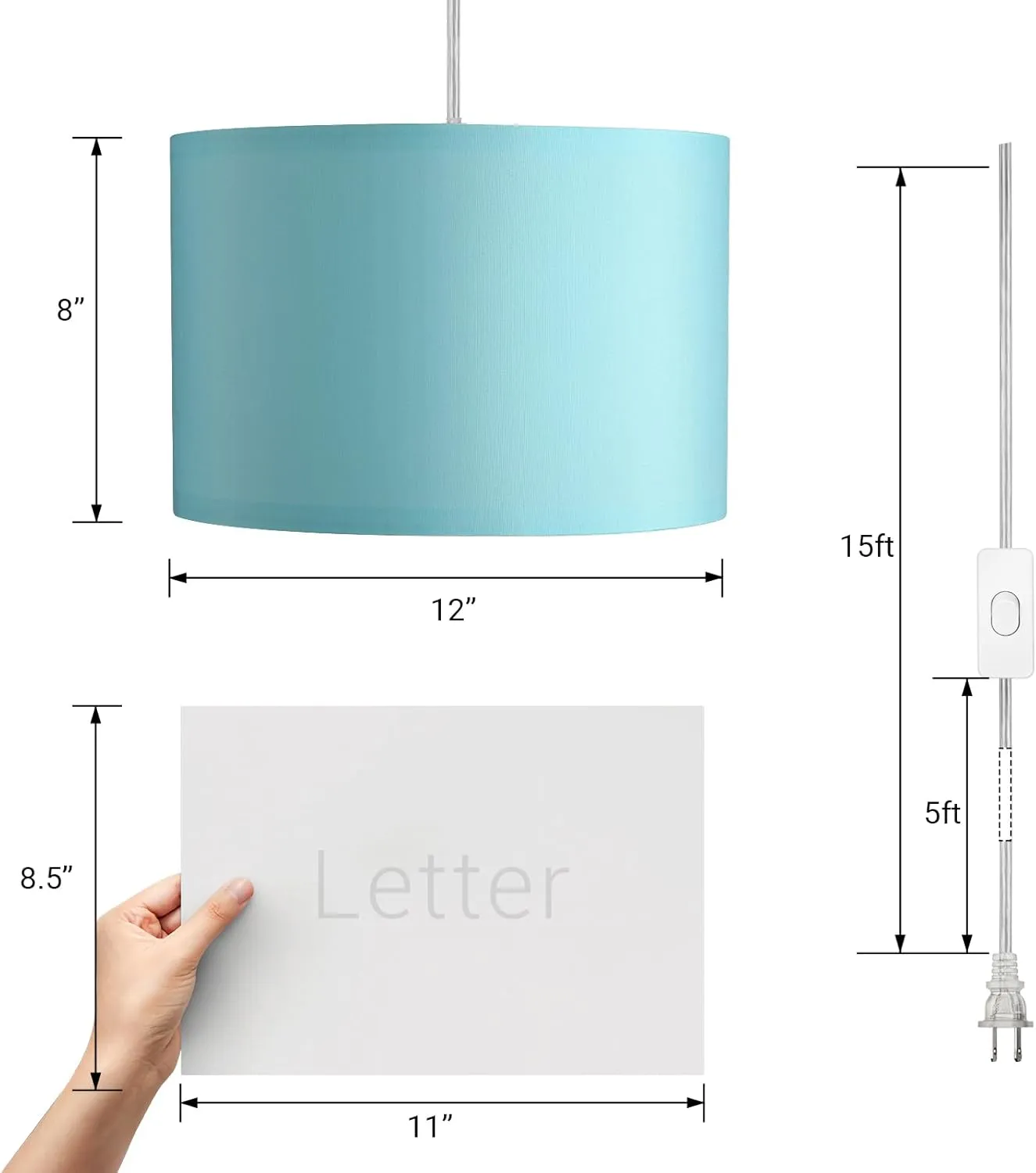 DEWENWILS Plug in Pendant Light, Hanging Light with 15Ft Clear Cord, On/Off Switch, with Blue Lampshade, Hanging Light Fixture for Bedroom, Kitchen, Living Room, Dining Table