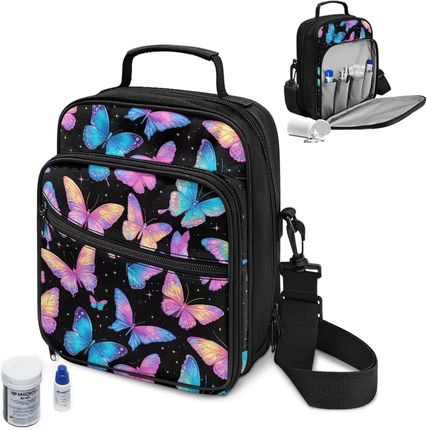 Diabetes Supply Bag, Butterfly Diabetic Organizer Carrying Case Kit, Portable Diabetes Testing Kit Case, Glucose Meter Storage Bag