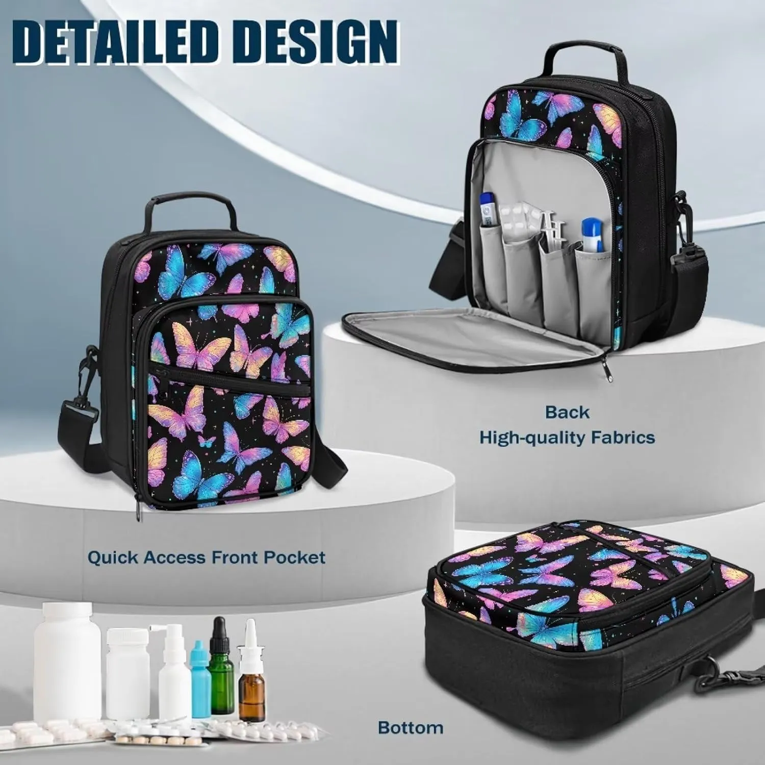 Diabetes Supply Bag, Butterfly Diabetic Organizer Carrying Case Kit, Portable Diabetes Testing Kit Case, Glucose Meter Storage Bag