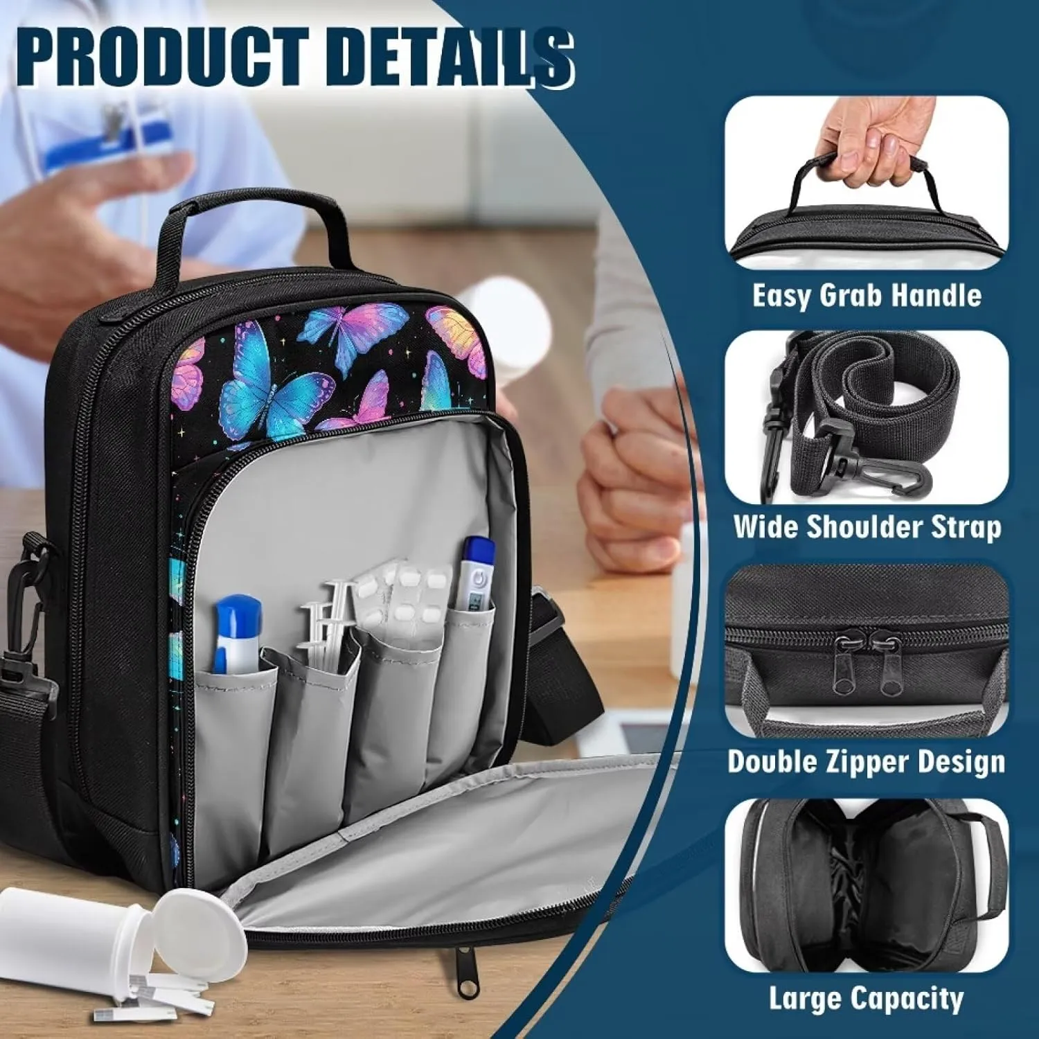 Diabetes Supply Bag, Butterfly Diabetic Organizer Carrying Case Kit, Portable Diabetes Testing Kit Case, Glucose Meter Storage Bag