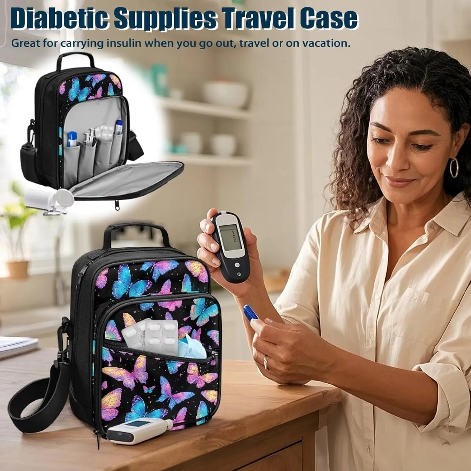Diabetes Supply Bag, Butterfly Diabetic Organizer Carrying Case Kit, Portable Diabetes Testing Kit Case, Glucose Meter Storage Bag