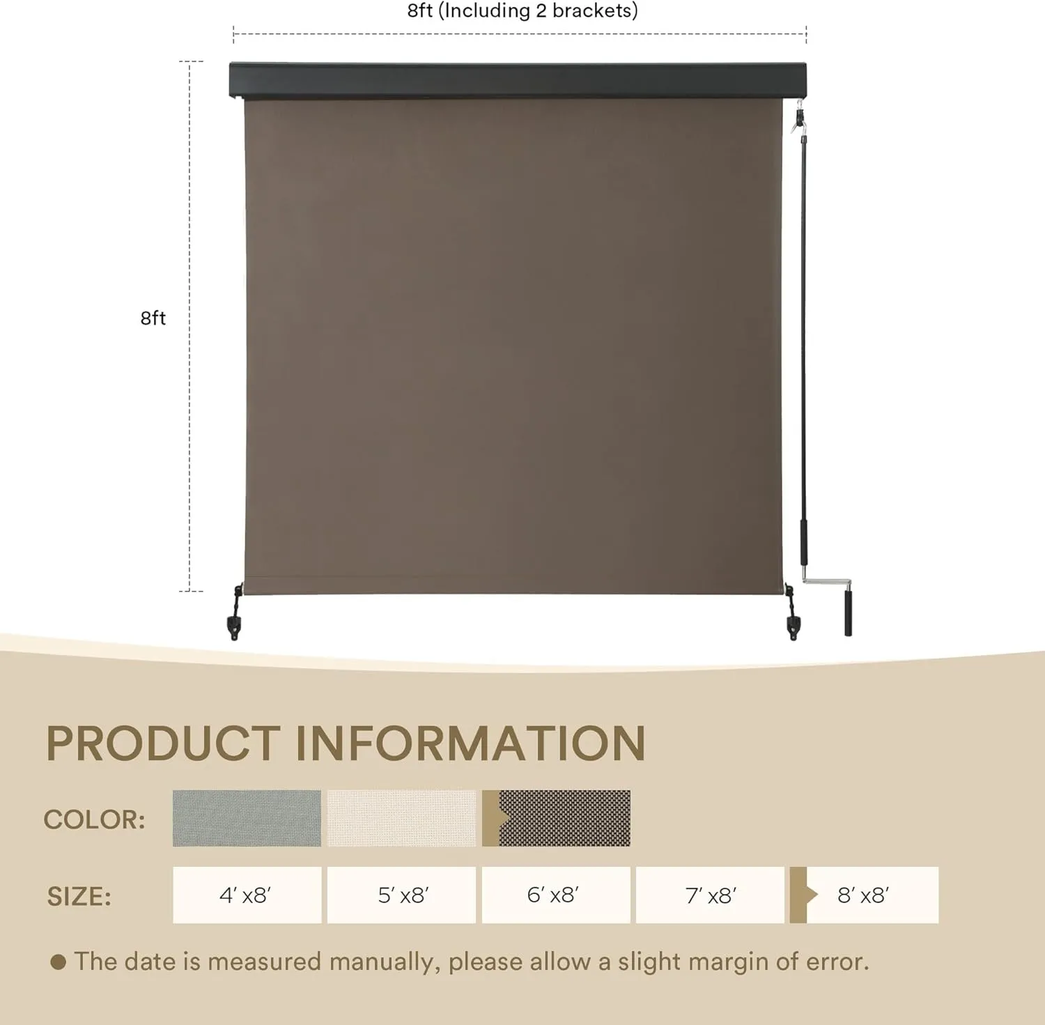 DIFY Outdoor Roller Shade Solar Fabric Cordless Roll Up Shade, Exterior Roller Shade with Aluminum Protective Valance 8 * 8FT for Patio Yard Deck Porch, Mocha