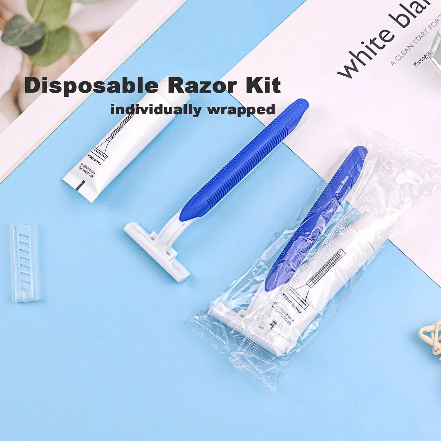 Disposable Razors in Bulk Pack of 30,Blue Disposable Shaving Razors Individual Wrapped Twin Blade Bulk Disposable Razors with Clear Cap and 10g Shaving Cream for Homeless,Hotel,Travel,Charity,Shelter