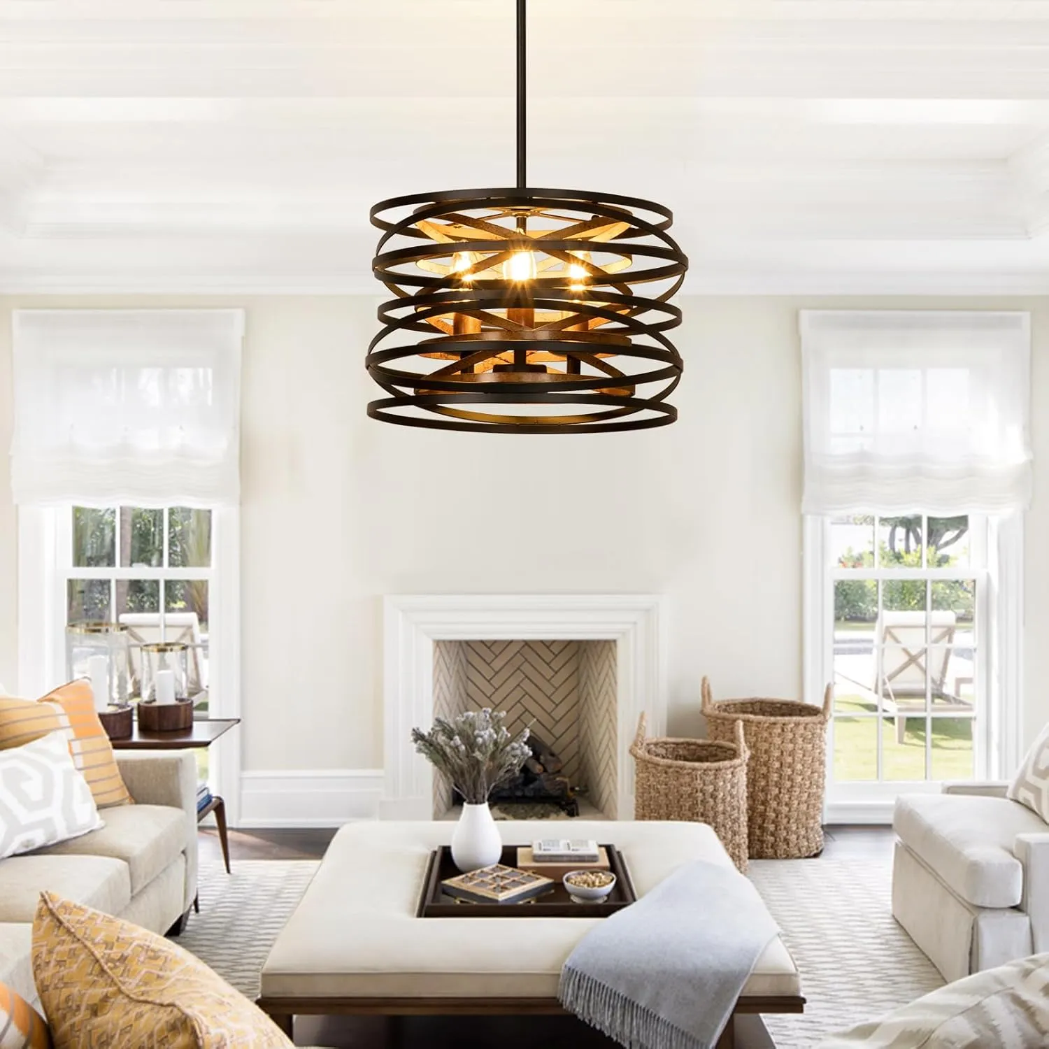 DLLT 3-Light Industrial Drum Chandeliers, 13'' Farmhouse Black and Gold Pendant Light, Adjustable Metal Hanging Light Fixtures for Dining Room, Kitchen, Living Room, Bedroom, E12 Bulbs Not Included