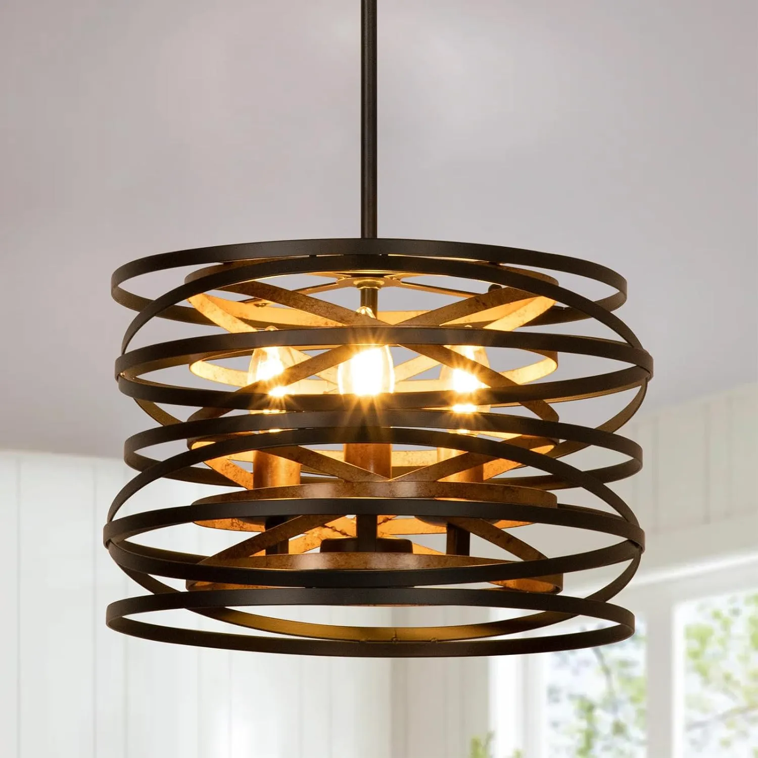 DLLT 3-Light Industrial Drum Chandeliers, 13'' Farmhouse Black and Gold Pendant Light, Adjustable Metal Hanging Light Fixtures for Dining Room, Kitchen, Living Room, Bedroom, E12 Bulbs Not Included
