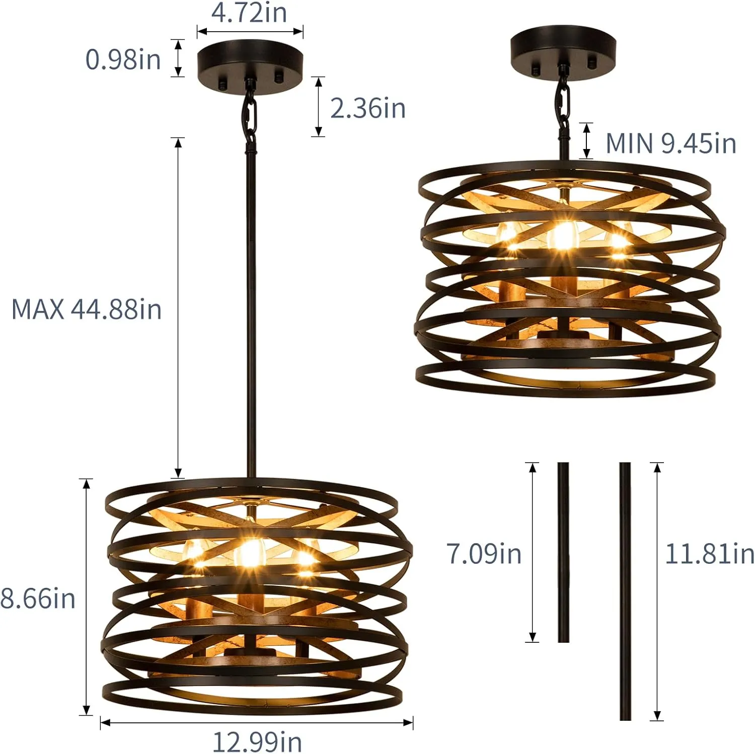 DLLT 3-Light Industrial Drum Chandeliers, 13'' Farmhouse Black and Gold Pendant Light, Adjustable Metal Hanging Light Fixtures for Dining Room, Kitchen, Living Room, Bedroom, E12 Bulbs Not Included