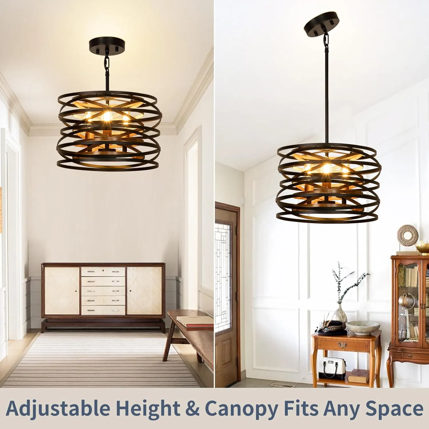 DLLT 3-Light Industrial Drum Chandeliers, 13'' Farmhouse Black and Gold Pendant Light, Adjustable Metal Hanging Light Fixtures for Dining Room, Kitchen, Living Room, Bedroom, E12 Bulbs Not Included