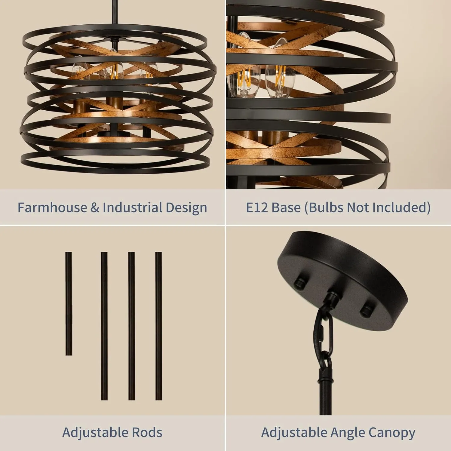 DLLT 3-Light Industrial Drum Chandeliers, 13'' Farmhouse Black and Gold Pendant Light, Adjustable Metal Hanging Light Fixtures for Dining Room, Kitchen, Living Room, Bedroom, E12 Bulbs Not Included