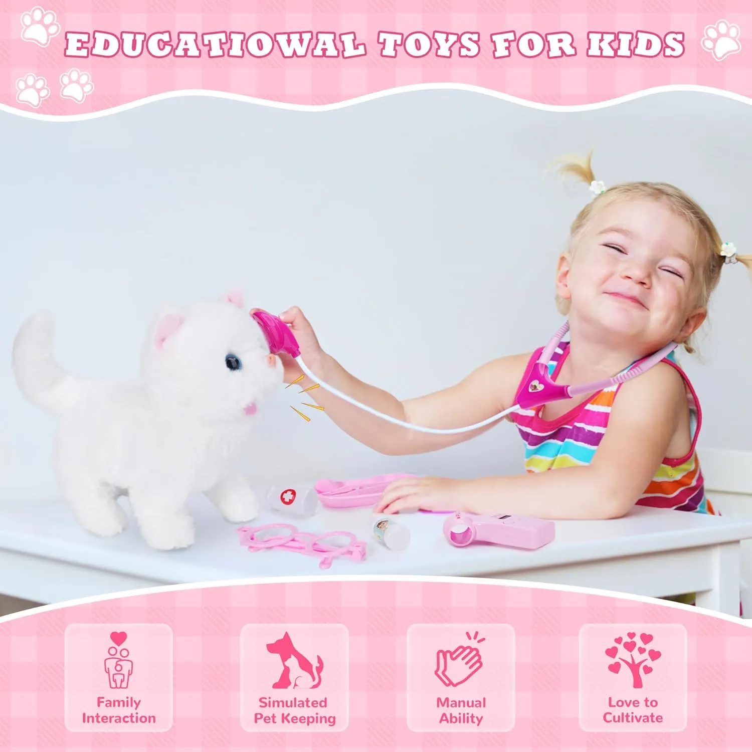 Doctor Kit for Girls -Vet Play Sets for Kids, Pretend Play Doctor Set with Pet Cage and Kitten Toy, Doctor Play Gift for Kids Toddlers Ages 3 4 5 6 Year Old for Role Play (White Kitten)