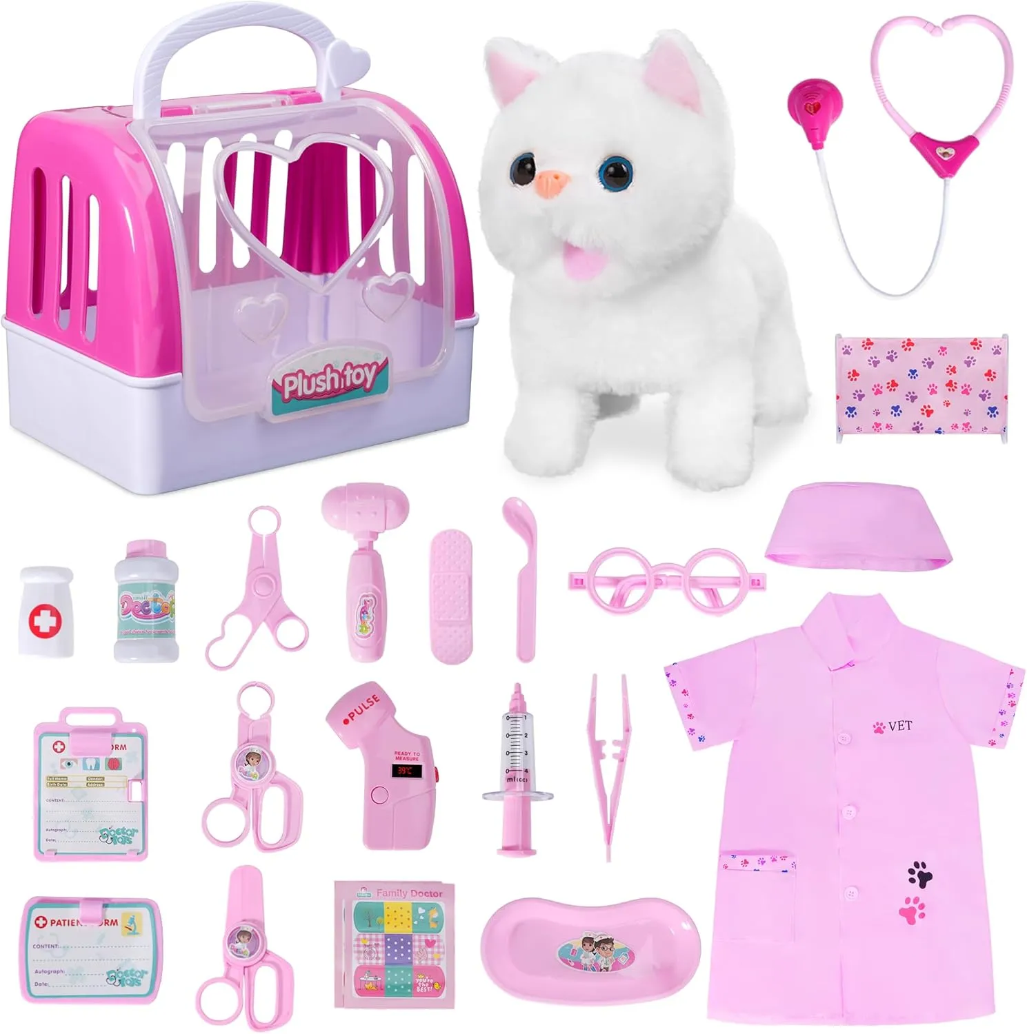 Doctor Kit for Girls -Vet Play Sets for Kids, Pretend Play Doctor Set with Pet Cage and Kitten Toy, Doctor Play Gift for Kids Toddlers Ages 3 4 5 6 Year Old for Role Play (White Kitten)
