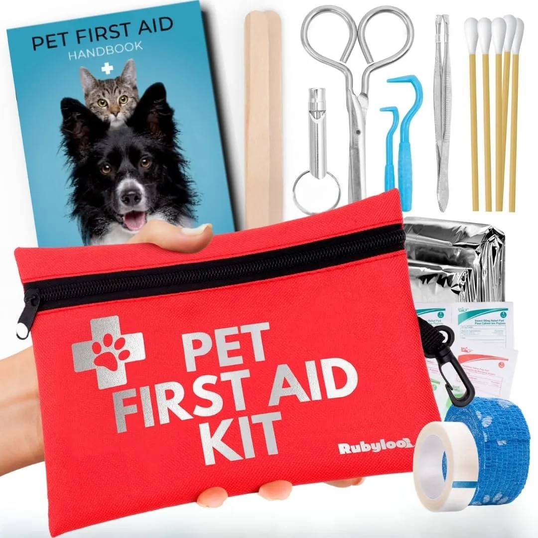 Dog First Aid Kit for Hiking & Travel - Vet Approved Emergency Supplies - Pet First Aid Kit Guide, Tick Remover, Thermal Blanket & More - Compact Dog Hiking Gear for Camping, Hunting, Backpacking