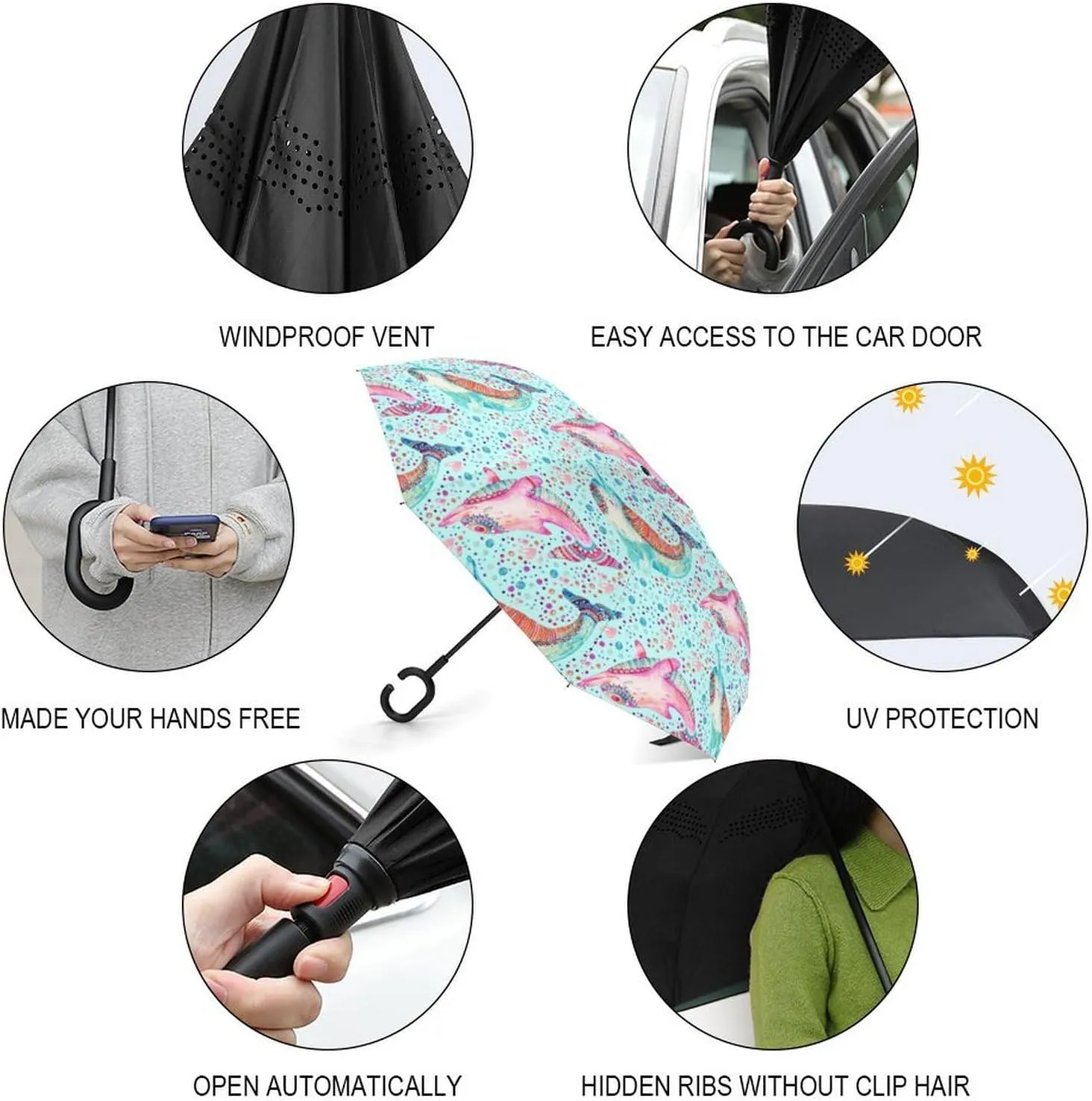 Donnapink Auto Large Inverted Rain Umbrella, Automatic Open/Close Reverse Car Umbrella Sun Protect UV Winds Rain Compact Parasol