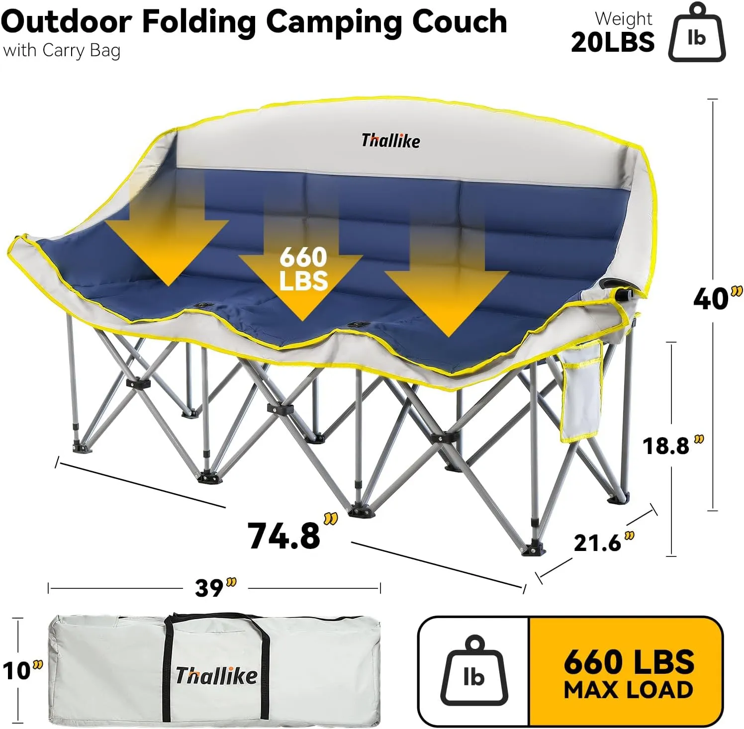 Double Camping Chair – 2-3 Person Outdoor Folding Sofa with Cup & Wine Glass Holders – Oversized Loveseat Camping Couch for Campfire, RV, Backyard – Supports Up to 660 lbs