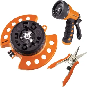 DRAMM Watering and Tool Set Includes 9-Pattern Revolver Spray Gun, 9-Pattern ColorStorm Turret Sprinkler, and Colorpoint Compact Shear, Orange
