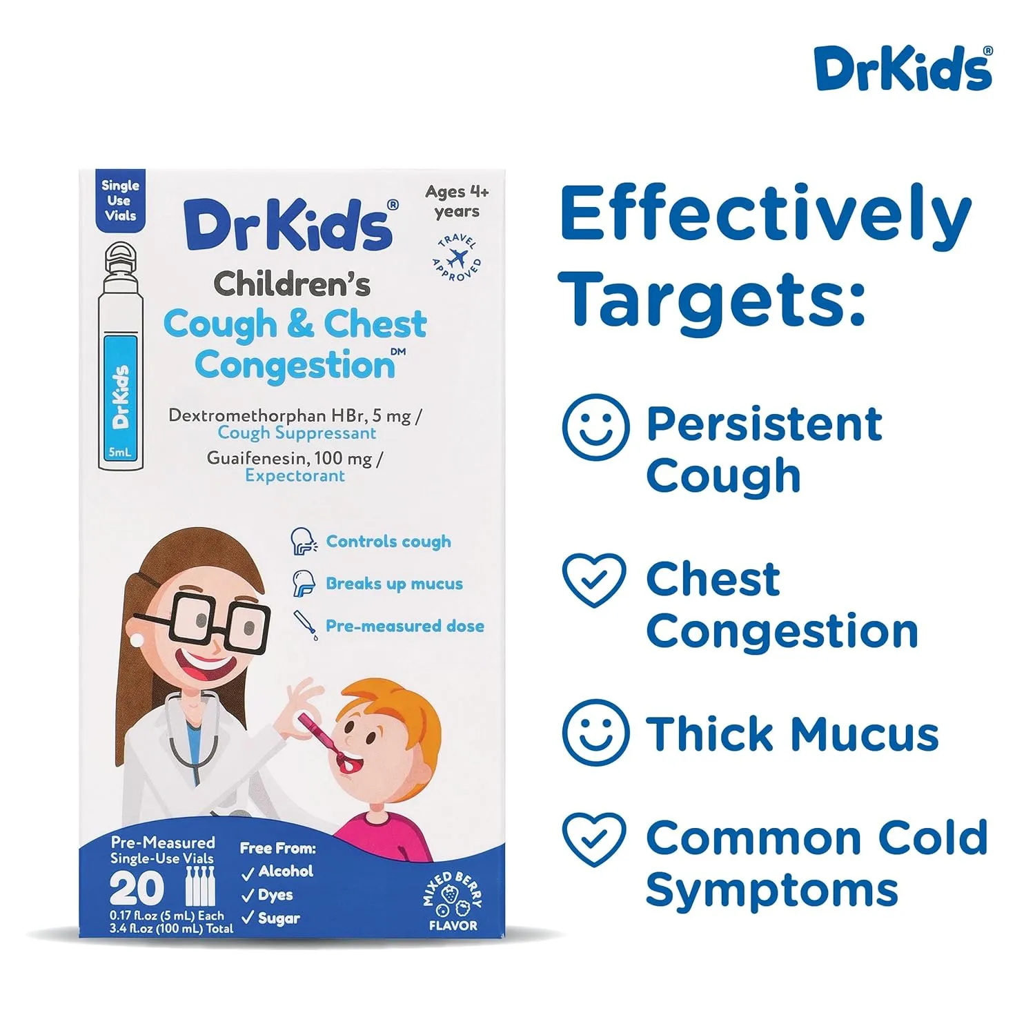 DrKids Children's Cough & Chest Congestion - Non-Drowsy Decongestant for Kids, Cough and Mucus Relief, Pre-Measured Single-Use Vials, Kids Cough Medicine, Mixed Berry Flavor, 20 Count (Pack of 1)