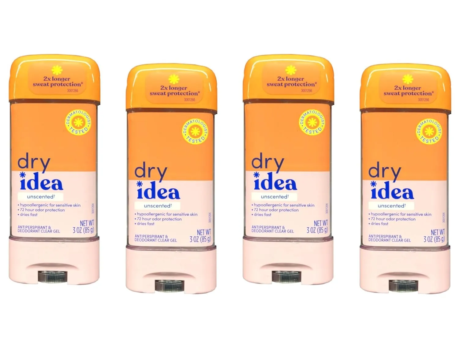 Dry Idea Clear Gel Anti-Perspirant & Deodorant, Advanced Dry, Unscented Hypo-Allergenic, 3.0 Ounce Tubes Packaging May Vary (Pack of 4)