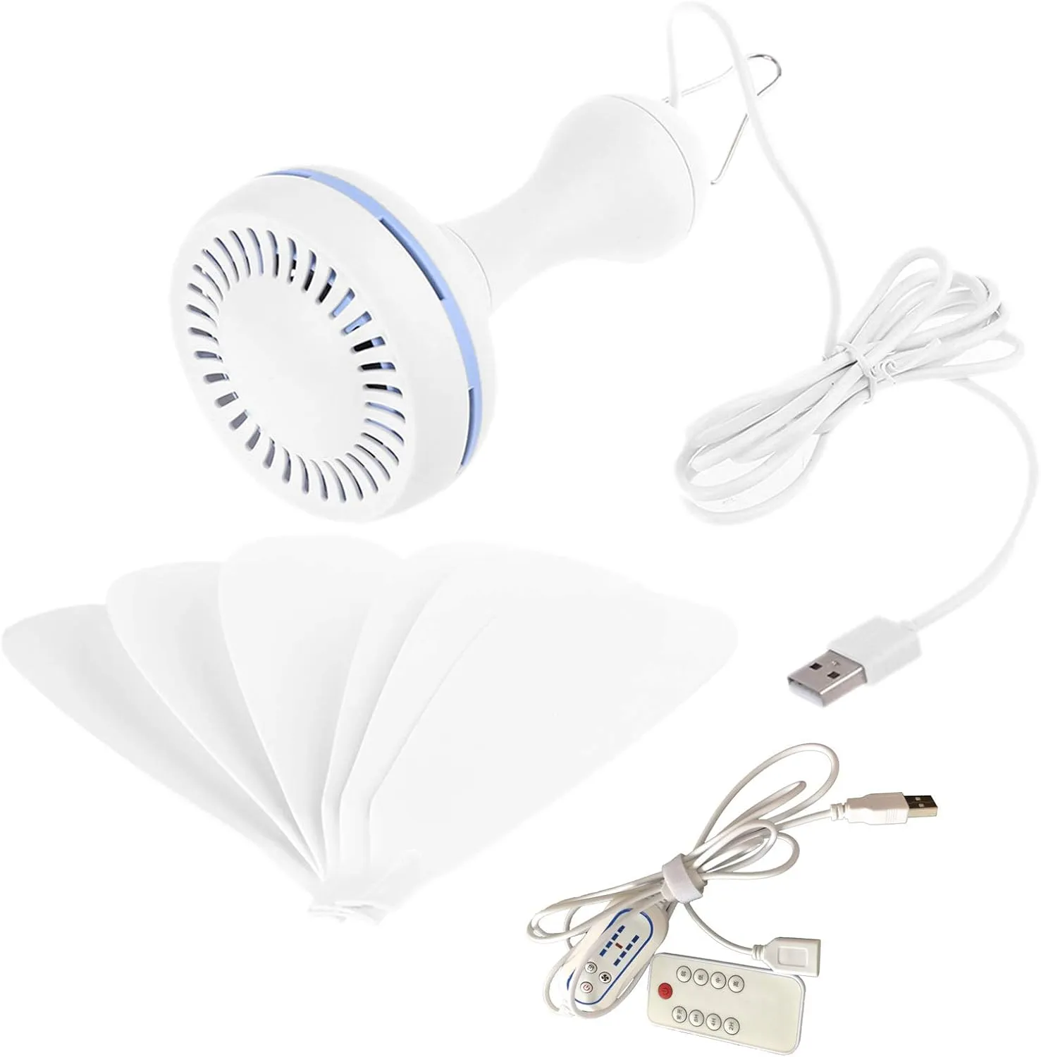 Dsxnklnd Silent 6 Leaves USB Powered Ceiling Canopy Fan with Remote Control Timing 4 Speed Hanging Fan for Camping Bed Tent White, 42x15cm