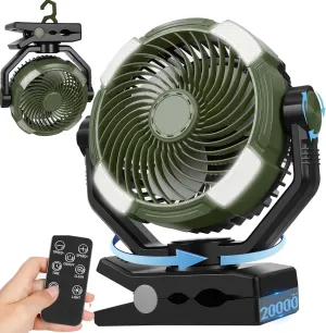 DUKUSEEK 20000mAh Clip On Fan with LED Light, 9-inch 60Hrs Portable Camping Fan with Sturdy Clamp, 360° Oscillating Personal Desk Fan for Office, Worksite, Golf - Regargeable Battery Powered USB Fans