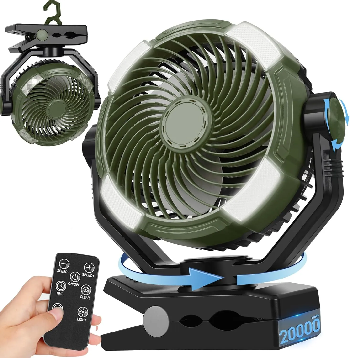 DUKUSEEK 20000mAh Clip On Fan with LED Light, 9-inch 60Hrs Portable Camping Fan with Sturdy Clamp, 360° Oscillating Personal Desk Fan for Office, Worksite, Golf - Regargeable Battery Powered USB Fans