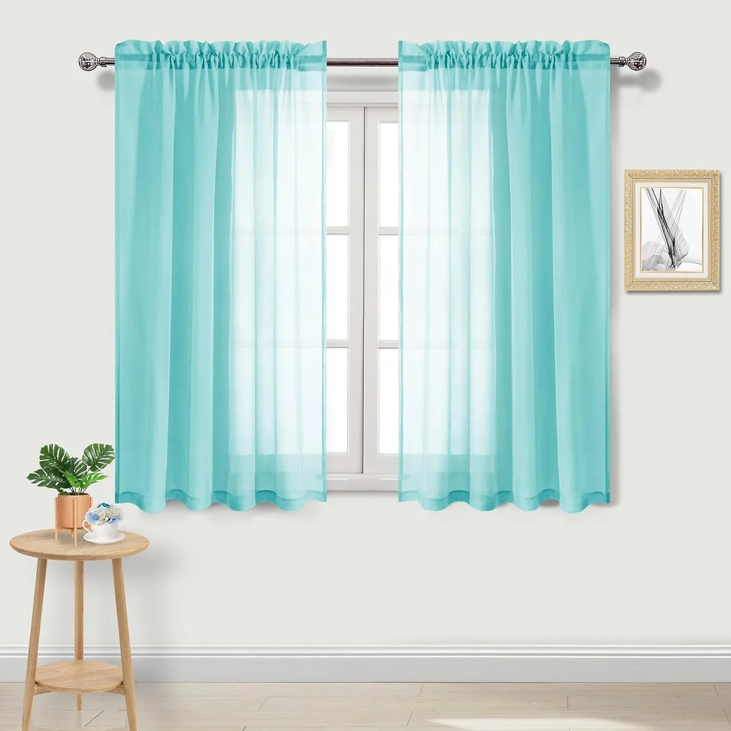 DWCN Aqua Sheer Curtains Semi Transparent Voile Rod Pocket Curtains for Bedroom and Living Room, 52 x 54 inches Long, Set of 2 Panels
