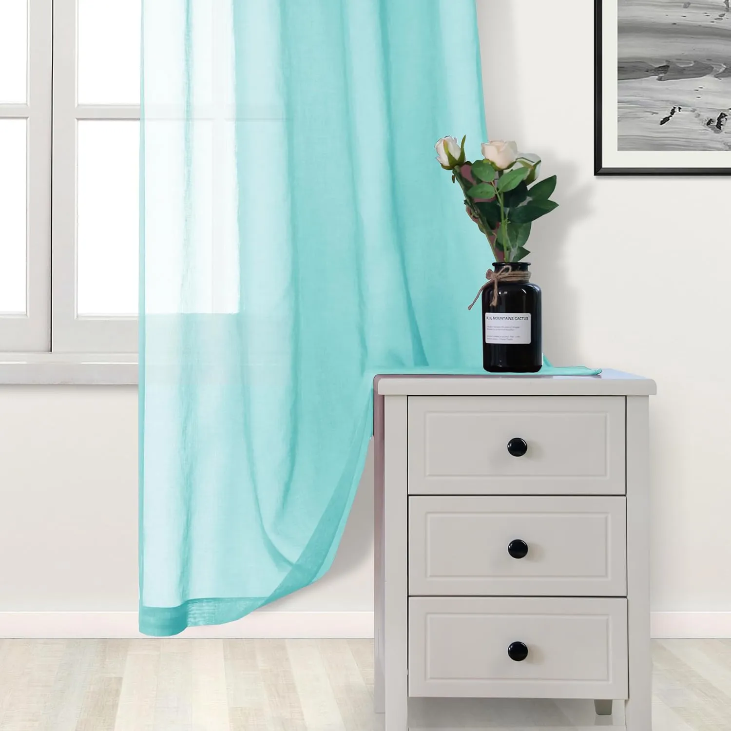 DWCN Aqua Sheer Curtains Semi Transparent Voile Rod Pocket Curtains for Bedroom and Living Room, 52 x 54 inches Long, Set of 2 Panels