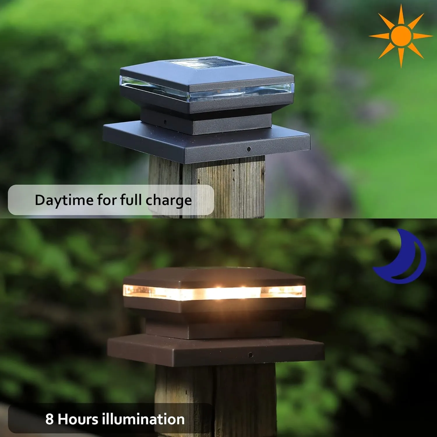 Dynaming 8 Pack Solar Post Cap Lights, Outdoor Decorative Post Solar Lights Black Shell Caps Fit 4x4 5x5 6x6 Vinyl/Wooden Posts, Brightness Warm White LED Lighting for Garden Fence Deck Patio