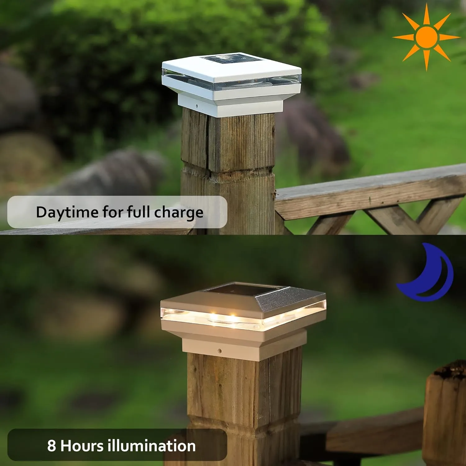 Dynaming 8 Pack Solar Post Lights, Outdoor Decorative Posts Cap Light, Solar Powered White Shell Caps, High Brightness Warm White SMD LED Lighting for Fence Deck Patio, Fit 4x4, 5x5 or 6x6 Wooden Post
