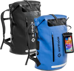 Earth Pak Waterproof Backpack - Heavy Duty Roll-Top Closure with Easy Access Front-Zippered Pocket and Cushioned Padded Back Panel for Comfort with IPX8 Waterproof Phone Case