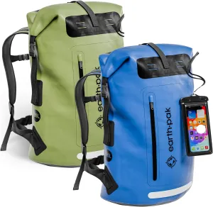 Earth Pak Waterproof Backpack - Heavy Duty Roll-Top Closure with Easy Access Front-Zippered Pocket and Cushioned Padded Back Panel for Comfort with IPX8 Waterproof Phone Case
