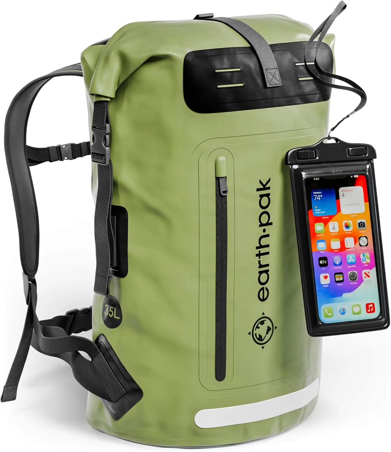 Earth Pak Waterproof Backpack - Heavy Duty Roll-Top Closure with Easy Access Front-Zippered Pocket and Cushioned Padded Back Panel for Comfort with IPX8 Waterproof Phone Case