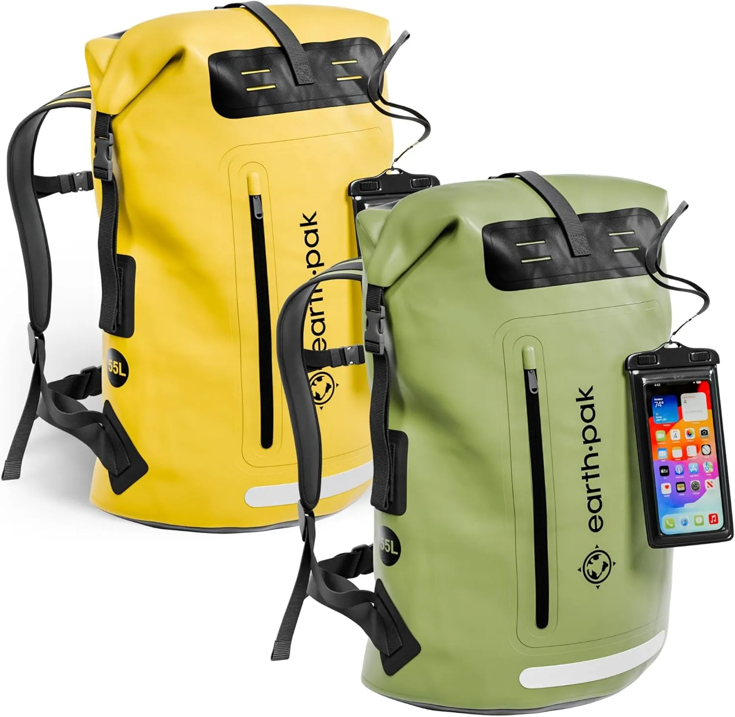 Earth Pak Waterproof Backpack - Heavy Duty Roll-Top Closure with Easy Access Front-Zippered Pocket and Cushioned Padded Back Panel for Comfort with IPX8 Waterproof Phone Case