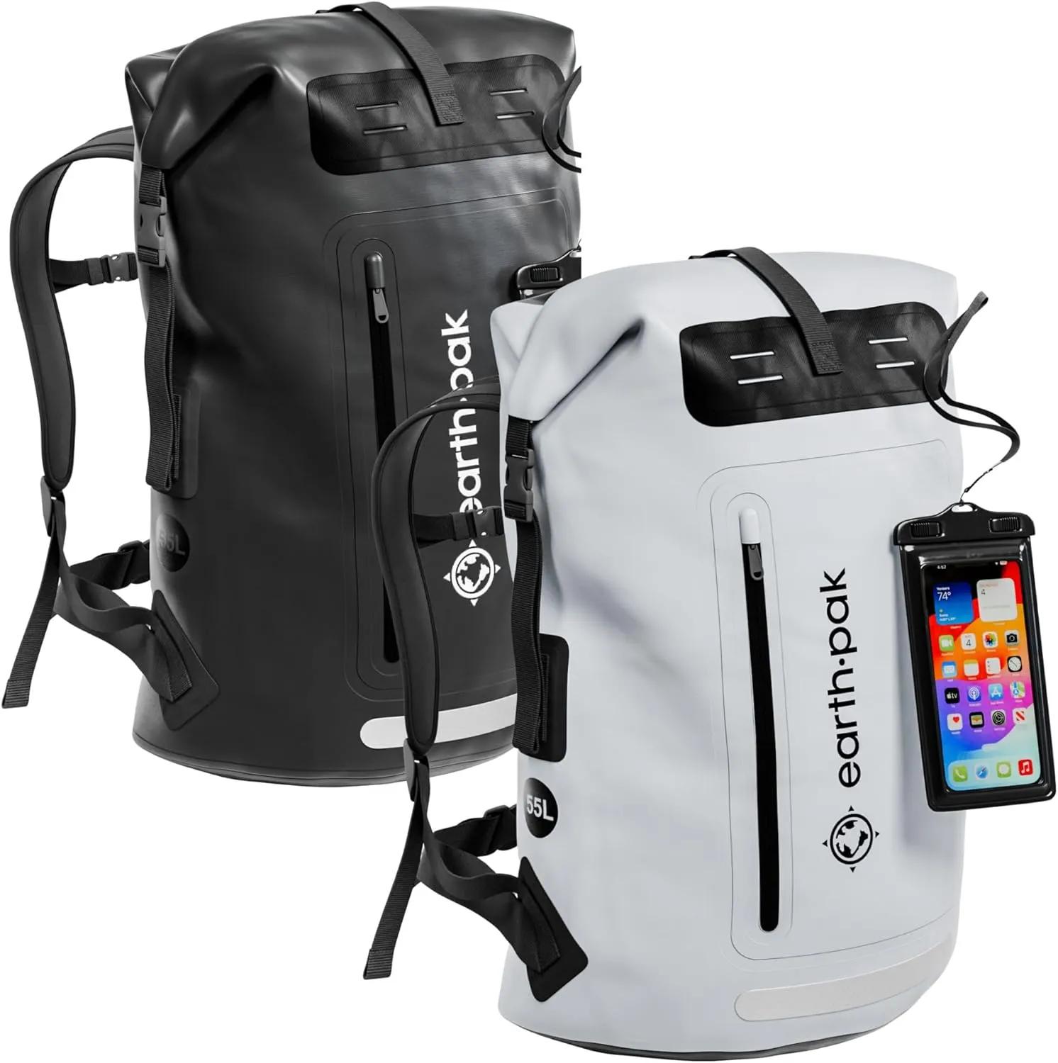 Earth Pak Waterproof Backpack - Heavy Duty Roll-Top Closure with Easy Access Front-Zippered Pocket and Cushioned Padded Back Panel for Comfort with IPX8 Waterproof Phone Case