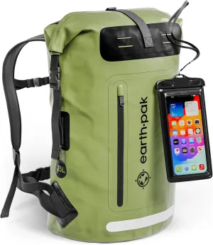 Earth Pak Waterproof Backpack - Heavy Duty Roll-Top Closure with Easy Access Front-Zippered Pocket and Cushioned Padded Back Panel for Comfort with IPX8 Waterproof Phone Case