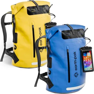Earth Pak Waterproof Backpack - Heavy Duty Roll-Top Closure with Easy Access Front-Zippered Pocket and Cushioned Padded Back Panel for Comfort with IPX8 Waterproof Phone Case