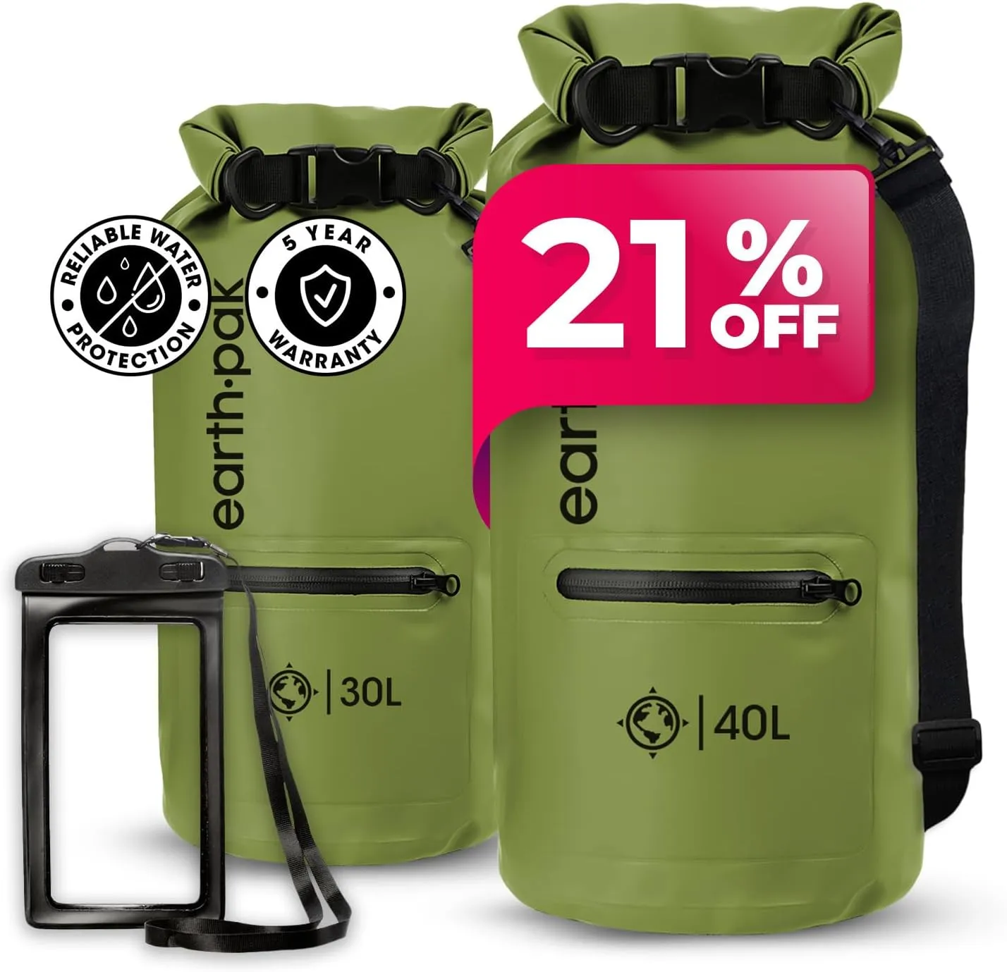 Earth Pak Waterproof Dry Bag - 40L Blue Unisex Soft Shell Dry Bag Backpack with Zippered Pocket and IPX8 Waterproof Phone Case