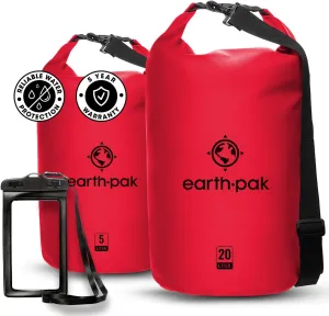 Earth Pak Waterproof Dry Bag - Roll Top Waterproof Backpack Red 5L & 20L