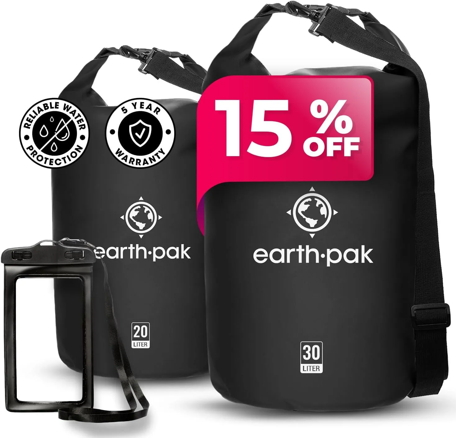 Earth Pak Waterproof Dry Bag - Roll Top Waterproof Backpack Sack (20L Black & 30L Black)