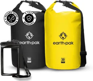 Earth Pak Waterproof Dry Bag - Roll Top Waterproof Backpack Sack (30L Black & 30L Yellow)