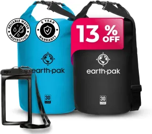 Earth Pak Waterproof Dry Bag - Roll Top Waterproof Backpack Sack (30L Light Blue & 30L Black)