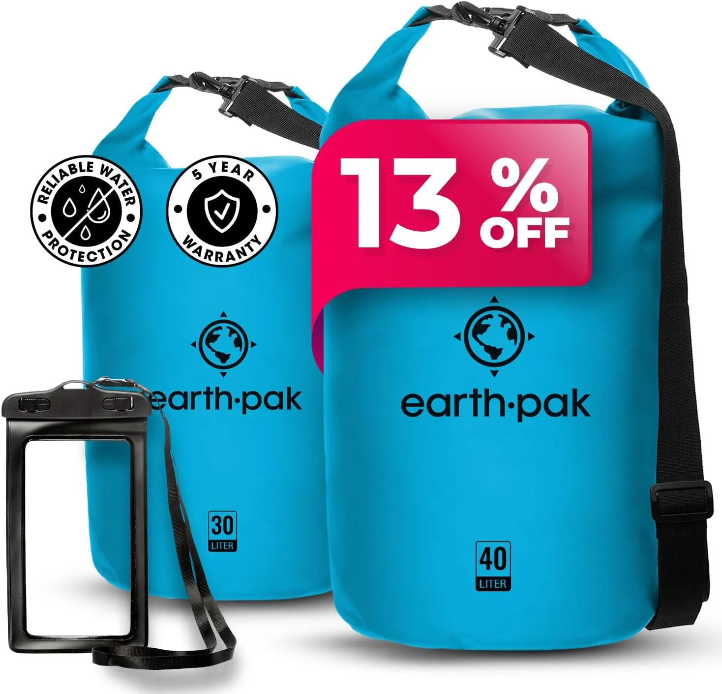 Earth Pak Waterproof Dry Bag - Roll Top Waterproof Backpack Sack (30L Light Blue & 40L Light Blue)
