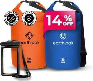 Earth Pak Waterproof Dry Bag - Roll Top Waterproof Backpack Sack (30L Orange & 30L Blue)