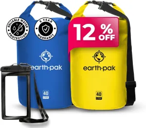 Earth Pak Waterproof Dry Bag - Roll Top Waterproof Backpack Sack (Blue 40L & Yellow 40)