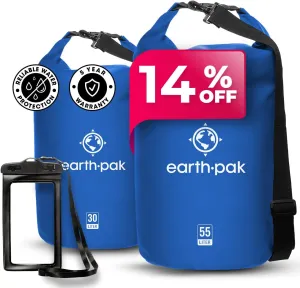 Earth Pak Waterproof Dry Bag - Roll Top Waterproof Backpack Sack (Blue 55L & 30L)