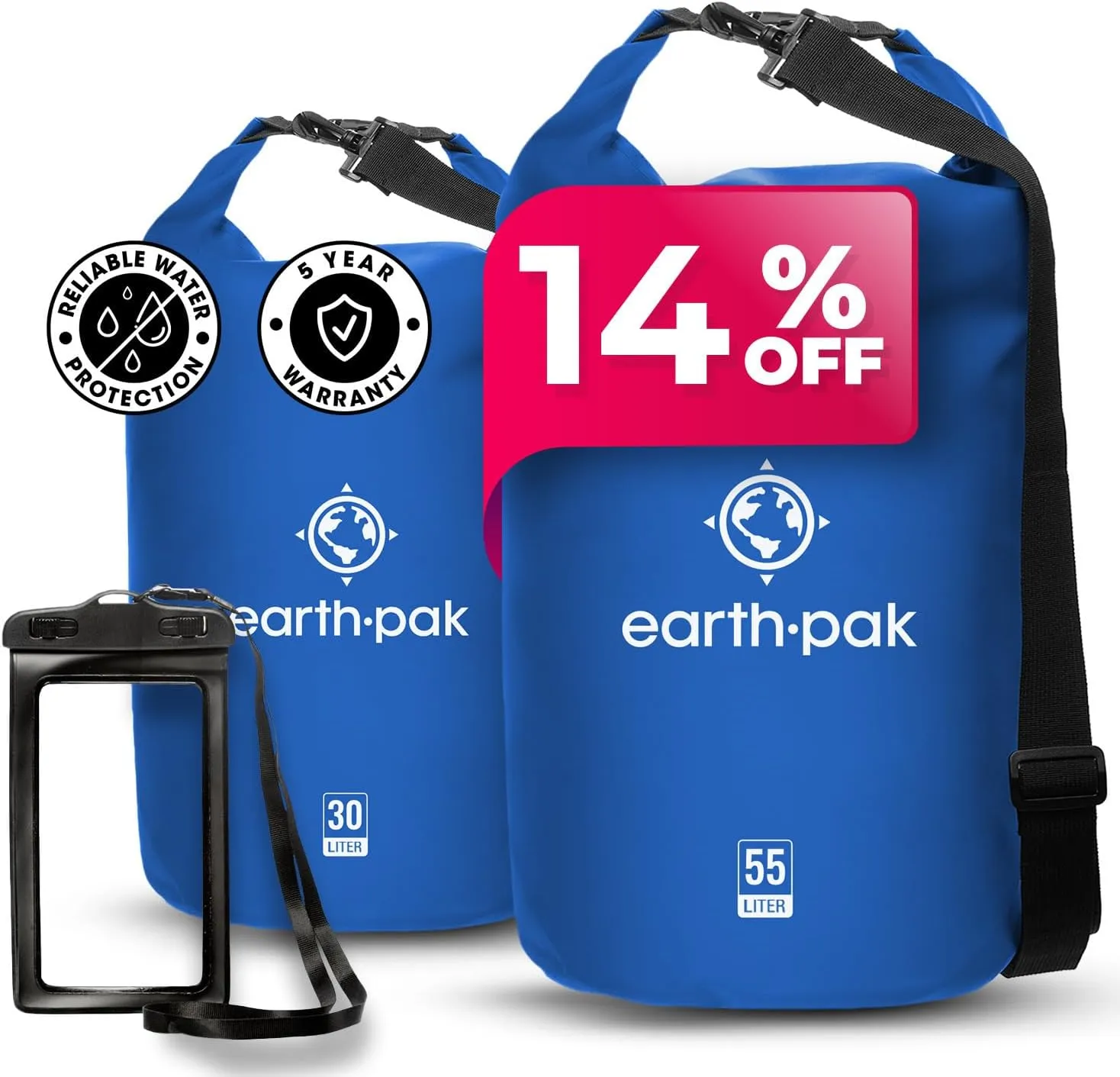 Earth Pak Waterproof Dry Bag - Roll Top Waterproof Backpack Sack (Blue 55L & 30L)