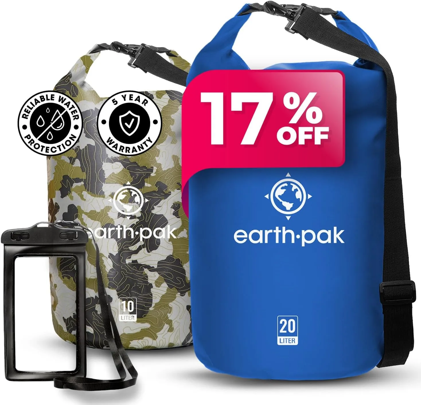 Earth Pak Waterproof Dry Bag - Roll Top Waterproof Backpack Sack (Camo 10L & Blue 20L)