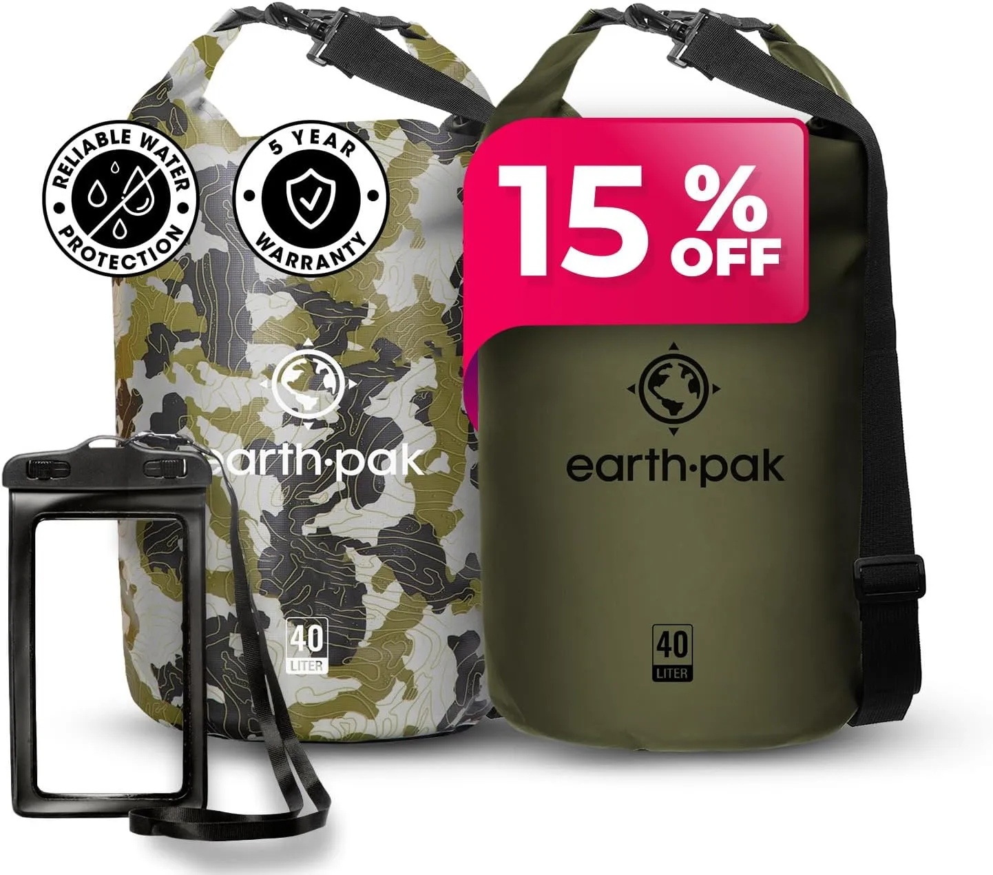 Earth Pak Waterproof Dry Bag - Roll Top Waterproof Backpack Sack (Camo 40L & Forest Grren 40L)
