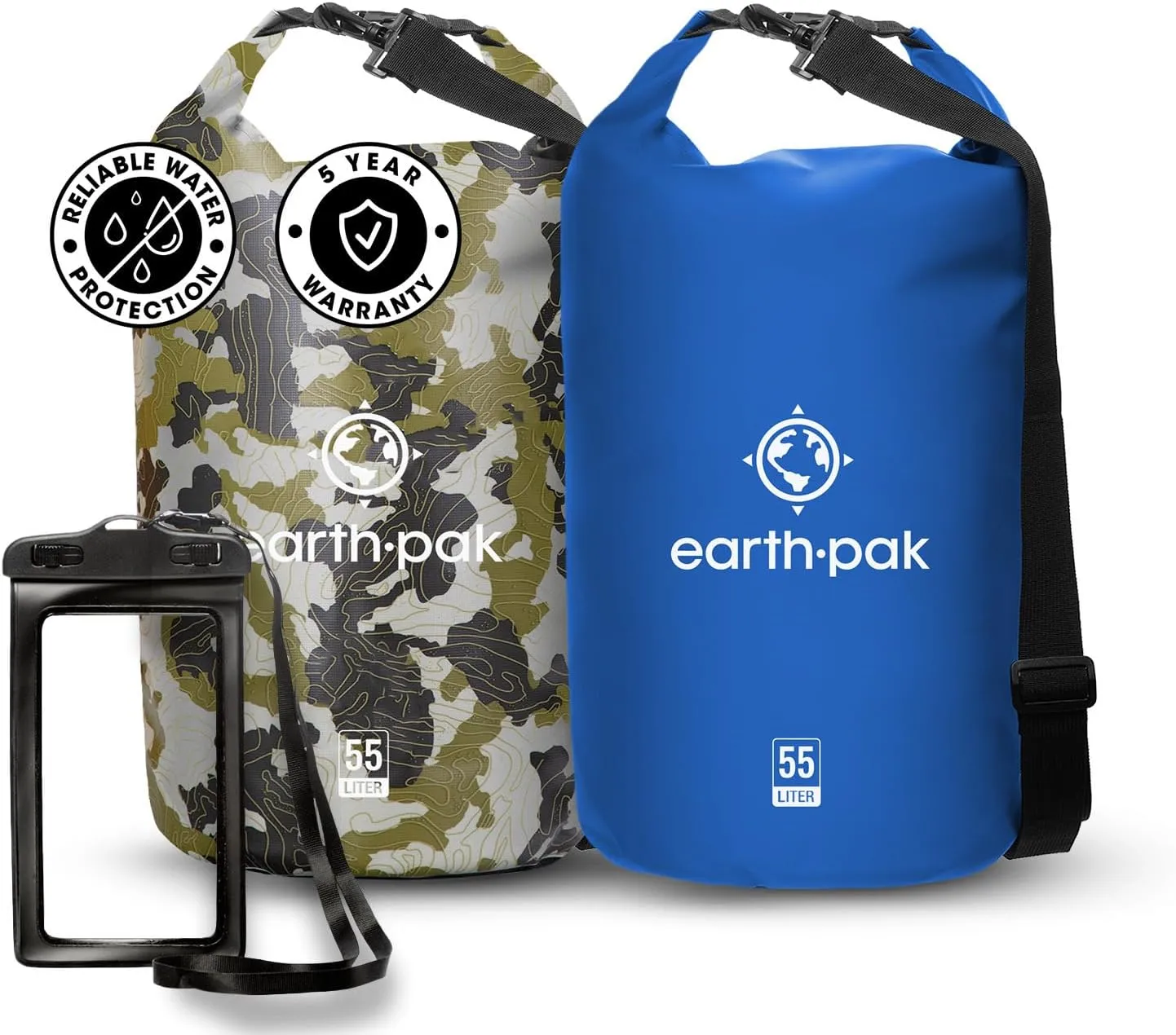 Earth Pak Waterproof Dry Bag - Roll Top Waterproof Backpack Sack (Camo 55L & Blue 55L)