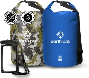 Earth Pak Waterproof Dry Bag - Roll Top Waterproof Backpack Sack (Camo 55L & Blue 55L)