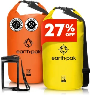 Earth Pak Waterproof Dry Bag - Roll Top Waterproof Backpack Sack Keeps Gear Dry for Kayaking & Fishing with Phone Case (Orange 10L & Black 10L)